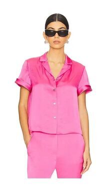 Theory womens Pink Azalea Crushed Satin Camp Shirt Blouse Top size Large $295